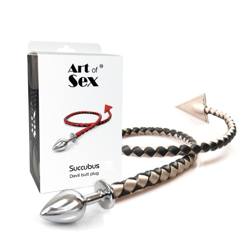 Металлическая анальная пробка M с дьявольским хвостом Art of Sex - Succubus, экокожа, черный/золото