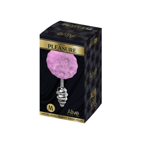 Металлическая анальная пробка Кроличий хвостик Alive Fluffy Twist Plug M Purple, диаметр 3,4 см