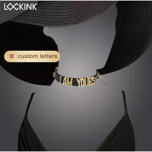 Чокер с золотыми буквами SMD со стразами Lockink Sevanda, кожаный, черный