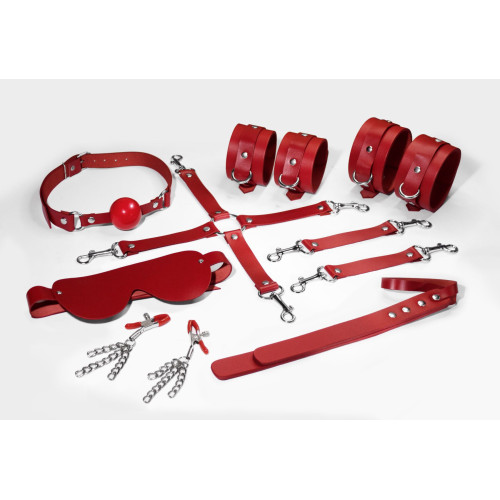 Набор Feral Feelings BDSM Kit 7 Red, наручники, поножи, коннектор, маска, паддл, кляп, зажимы