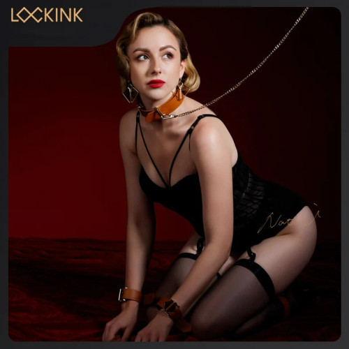 Ошейник с поводком Lockink, кожа, Коричневый