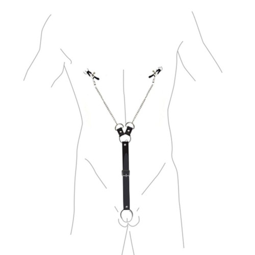 Затискачі для сосків з фіксацією на мошонці Еко шкіра Art of Sex Nipple Clamps for Men