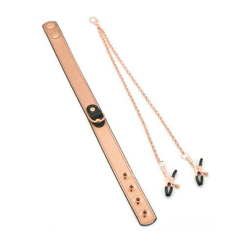 Ошейник с зажимами для сосков Liebe Seele Rose Gold Memory Collar with Nipple Clamps, кожа