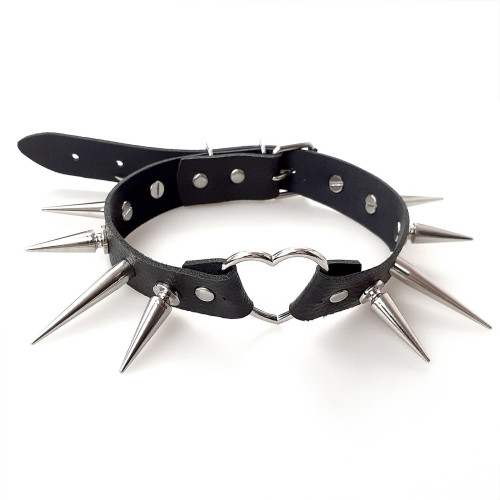 Чокер Сердце с большими шипами, из натуральной кожи Art of Sex - Crystal, цвет Черный