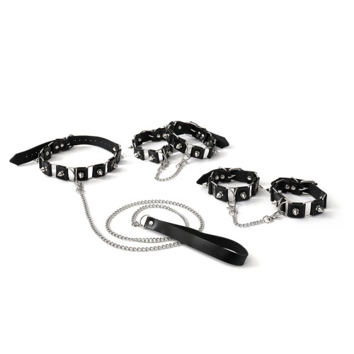 Бондажный набор: ошейник с поводком, наручники и поножи Art of Sex - Cassandra, цвет черный