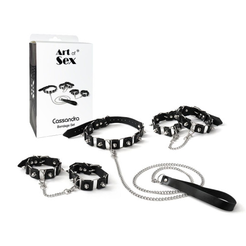 Бондажный набор: ошейник с поводком, наручники и поножи Art of Sex - Cassandra, цвет черный