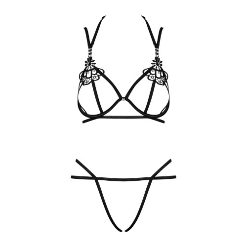 Эротический комплект со стрепом Obsessive Badossa 2-pcs set с доступом, бюстгальтер, стринги, черный L/XL