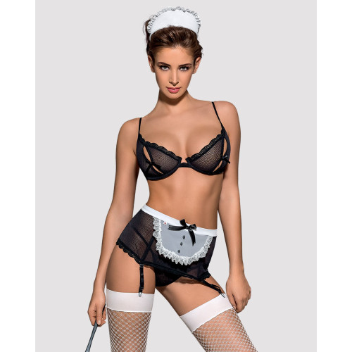 Еротичний костюм покоївки Obsessive Maidme set 5pcs чорно-білий L/XL