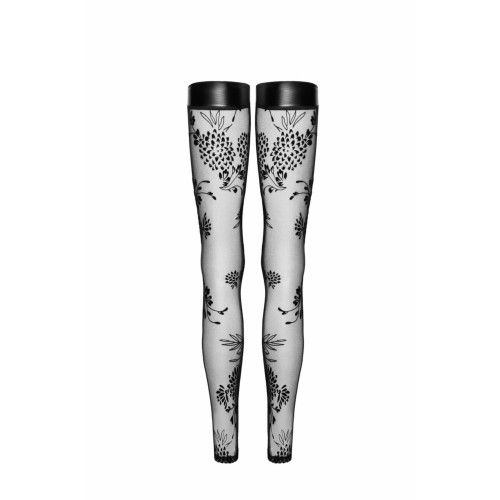 Панчохи без миска Noir Handmade F243 Tulle stockings with patterned flock embroidery, M
