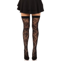 Чулки Leg Avenue Wild rose net thigh highs, One Size, черные, широкая резинка, рисунок-розы
