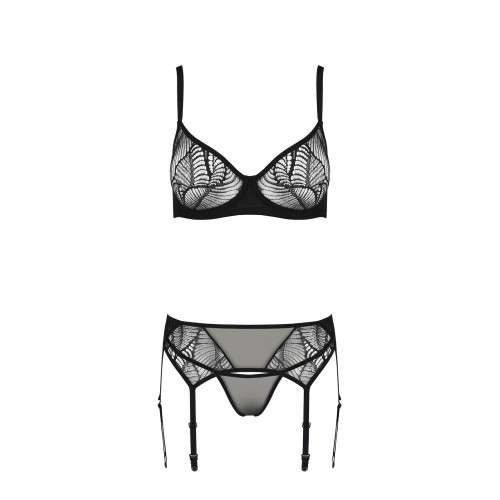 Комплект Passion LEAFA SET black, XXL/XXXL, кружево+сетка, бюстгальтер на косточках, стринги, пояс для чулок