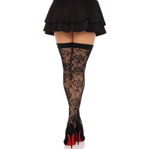 Чулки Leg Avenue Wild rose net thigh highs, One Size, черные, широкая резинка, рисунок-розы