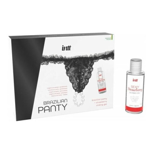 Набір Intt BRAZILIAN PANTY BLACK: трусики на зав’язках з перлинним кільцем + полунична змазка S-XL