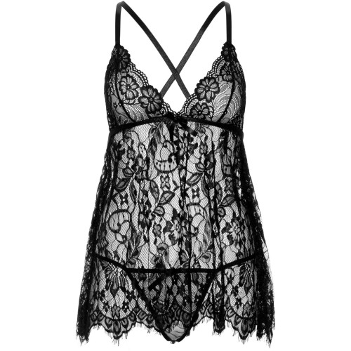 Сорочка беби-долл Leg Avenue Floral lace babydoll & string Black L, стринги