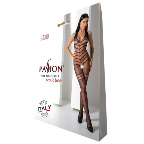 Бодістокінг з плетінням на животику Passion BS100 One Size, black, декоративний шов, з доступом