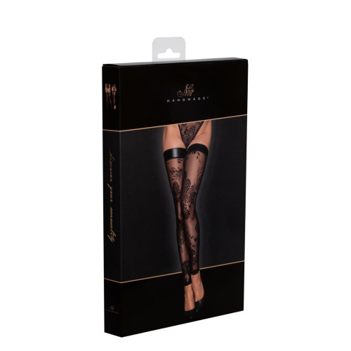 Панчохи без миска Noir Handmade F243 Tulle stockings with patterned flock embroidery, S