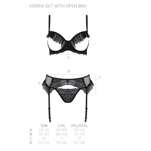 Комплект Passion KERRIA SET WITH OPEN BRA black, XXL/XXXL, бюстгальтер с открытой чашкой, стринги, пояс для чулок