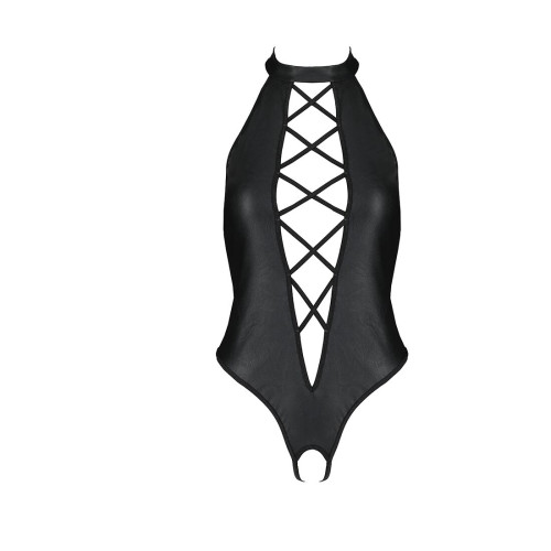 Боди из эко-кожи с имитацией шнуровки и открытым доступом Passion Nancy Body black S/M