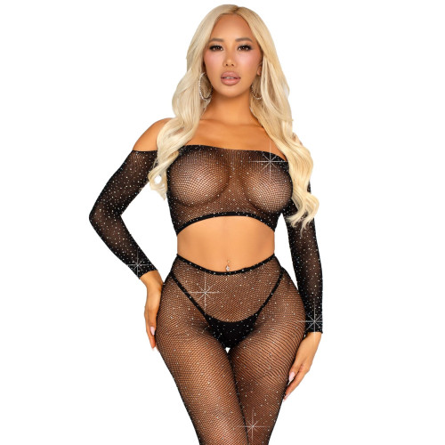 Комплект Leg Avenue Rhinestone Fishnet Crop Top and Legging One Size Black