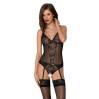 Корсет із пажами, трусики з ажурним декором та відкритим кроком Passion Ursula Corset black S/M