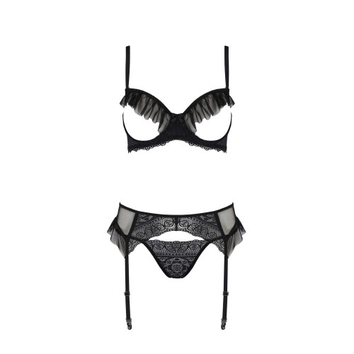 Комплект Passion KERRIA SET WITH OPEN BRA black, L/XL, бюстгальтер с открытой чашкой, стринги, пояс для чулок