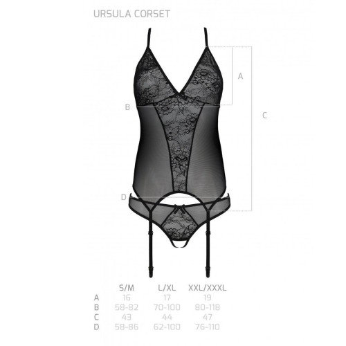 Корсет із пажами, трусики з ажурним декором та відкритим кроком Passion Ursula Corset black S/M