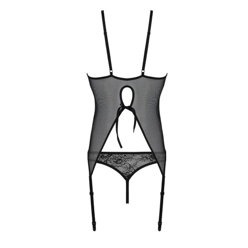 Корсет із пажами, трусики з ажурним декором та відкритим кроком Passion Ursula Corset black S/M