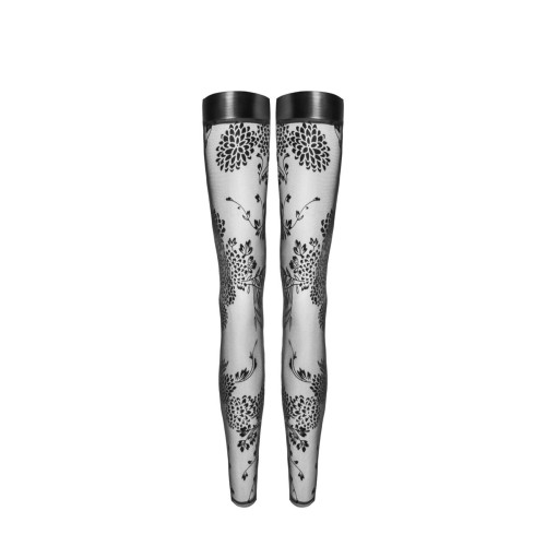 Панчохи без миска Noir Handmade F243 Tulle stockings with patterned flock embroidery, XL