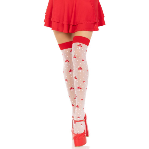 Чулки Leg Avenue Polka Dot Mushroom Thigh Highs, One Size, бело-красные, на резинке, рисунок — грибы