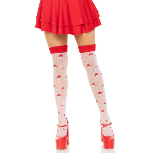 Чулки Leg Avenue Polka Dot Mushroom Thigh Highs, One Size, бело-красные, на резинке, рисунок — грибы