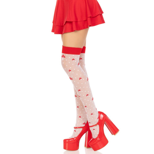 Чулки Leg Avenue Polka Dot Mushroom Thigh Highs, One Size, бело-красные, на резинке, рисунок — грибы