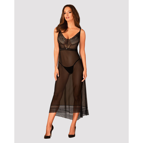 Напівпрозора довга сорочка Obsessive Estiqua chemise чорна M/L