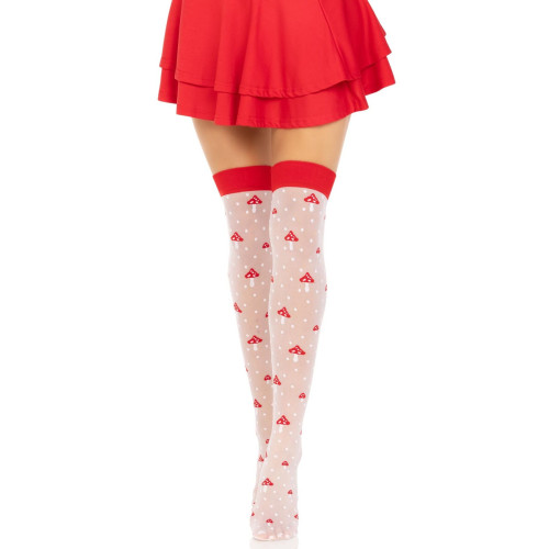 Чулки Leg Avenue Polka Dot Mushroom Thigh Highs, One Size, бело-красные, на резинке, рисунок — грибы