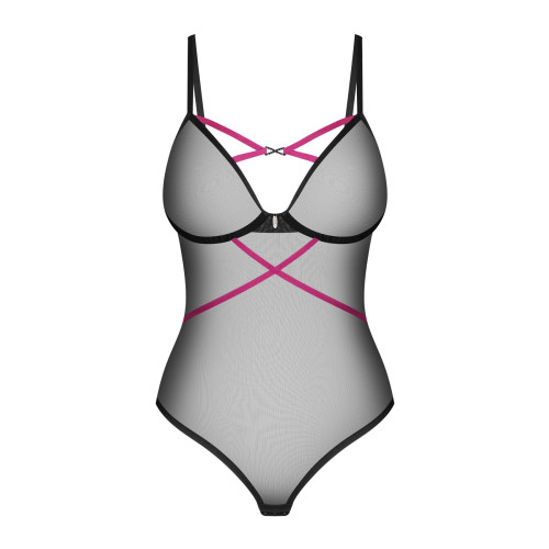 Боді Obsessive Novenes teddy, XL/2XL, прозоре, чашки на кісточках, декор у вигляді стрічок