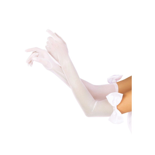 Длинные перчатки с бантом Leg Avenue Opera length bow top gloves White, полупрозрачные