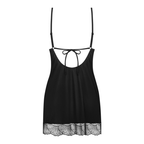 Пеньюар Obsessive Lobellis chemise & thong, M/L, черный, кружевная отделка, стринги в комплекте