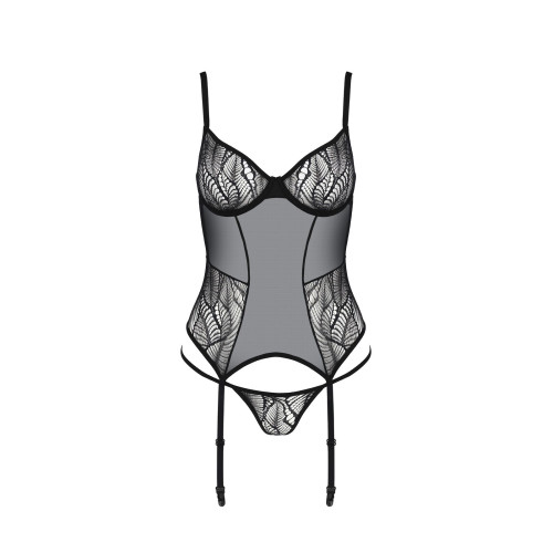 Корсет Passion LEAFA CORSET black, XXL/XXXL, м'які чашки, затискачі для панчіх, стрінги в комплекті