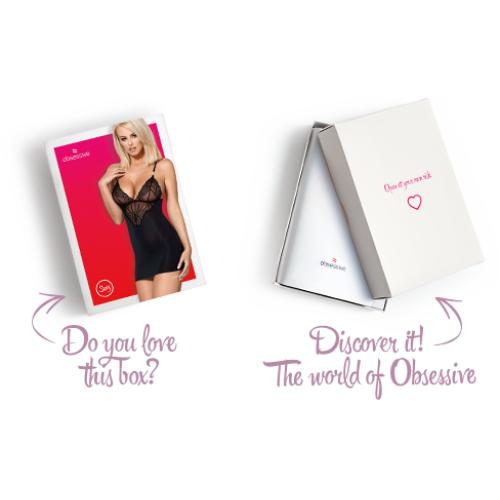 Сатиновый комплект для сна с кружевом Obsessive 828-CHE-1 chemise & thong черный S/M