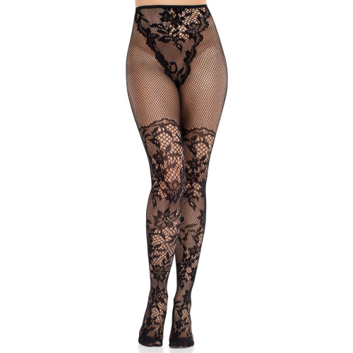 Колготки Leg Avenue Dahlia Lace Tights with Net Thigh Detail One Size