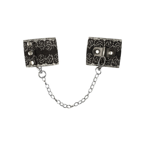 Широкие наручники с блестками и цепью Obsessive A747 cuffs, черно-серебряные