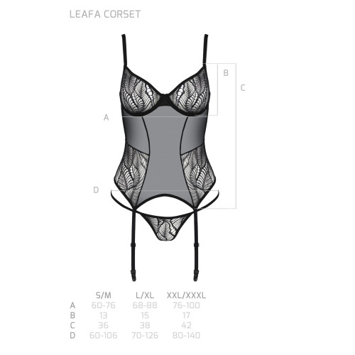 Корсет Passion LEAFA CORSET black, XXL/XXXL, м'які чашки, затискачі для панчіх, стрінги в комплекті