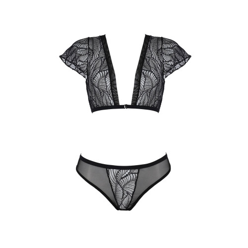 Комплект Passion LEAFA BIKINI black, XXL/XXXL, бюстгальтер-топ с рукавчиками, стринги-шортики с вырезом