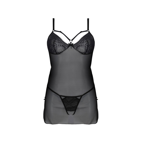 Пеньюар Passion DROSERA CHEMISE black, L/XL, кружевной лиф со стрепами, трусики в комплекте