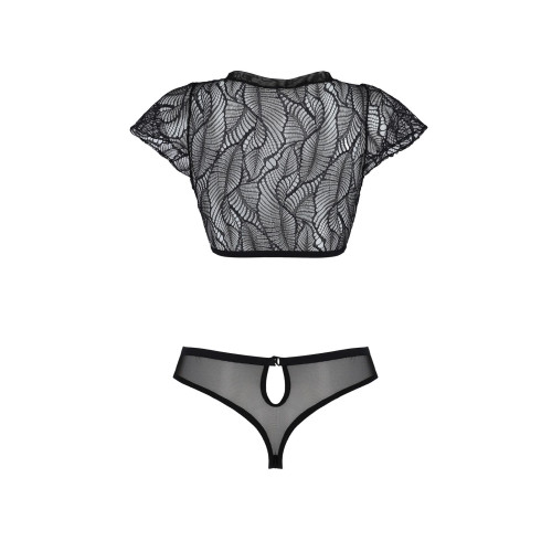 Комплект Passion LEAFA BIKINI black, XXL/XXXL, бюстгальтер-топ с рукавчиками, стринги-шортики с вырезом