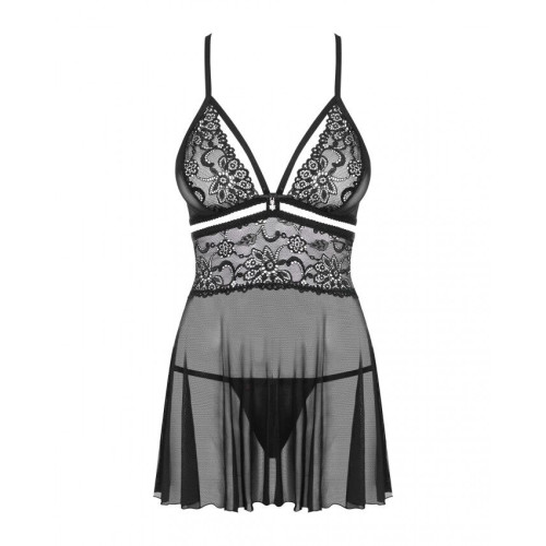 Эротический кружевной комплект с сеточкой Obsessive 838-BAB-1 babydoll & thong black L/XL