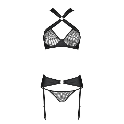 Сітчастий набір: бюстгальтер з халтером, трусики та пояс для панчох Passion Amanda Set black L/XL