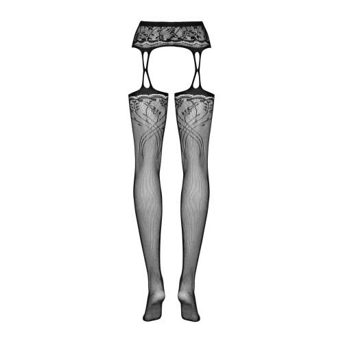 Чулки-стокинги с растительным рисунком Obsessive Garter stockings S206 черные S/M/L