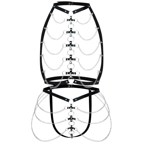 Набор портупея + трусики из кожи с цепочками Art of Sex - Cross, размер L-2XL, цвет черный