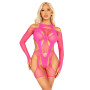 Бодистокинг Leg Avenue Fishnet Garter Harness and Teddy One Size Neon Pink