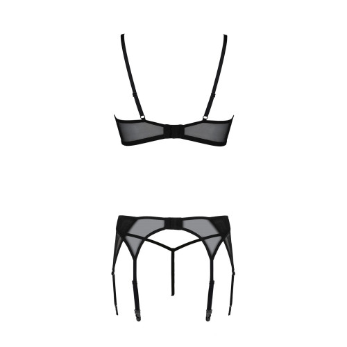 Комплект Passion LEAFA SET black S/M, кружево+сетка, бюстгальтер на косточках, стринги, пояс для чулок
